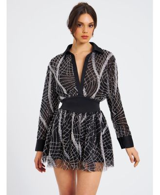 Women's Rachelle Black Embroidered Mesh Mini Shirt Dress
