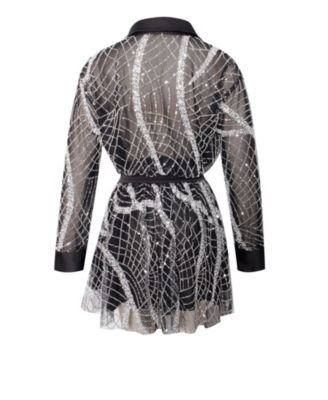 Women's Rachelle Black Embroidered Mesh Mini Shirt Dress