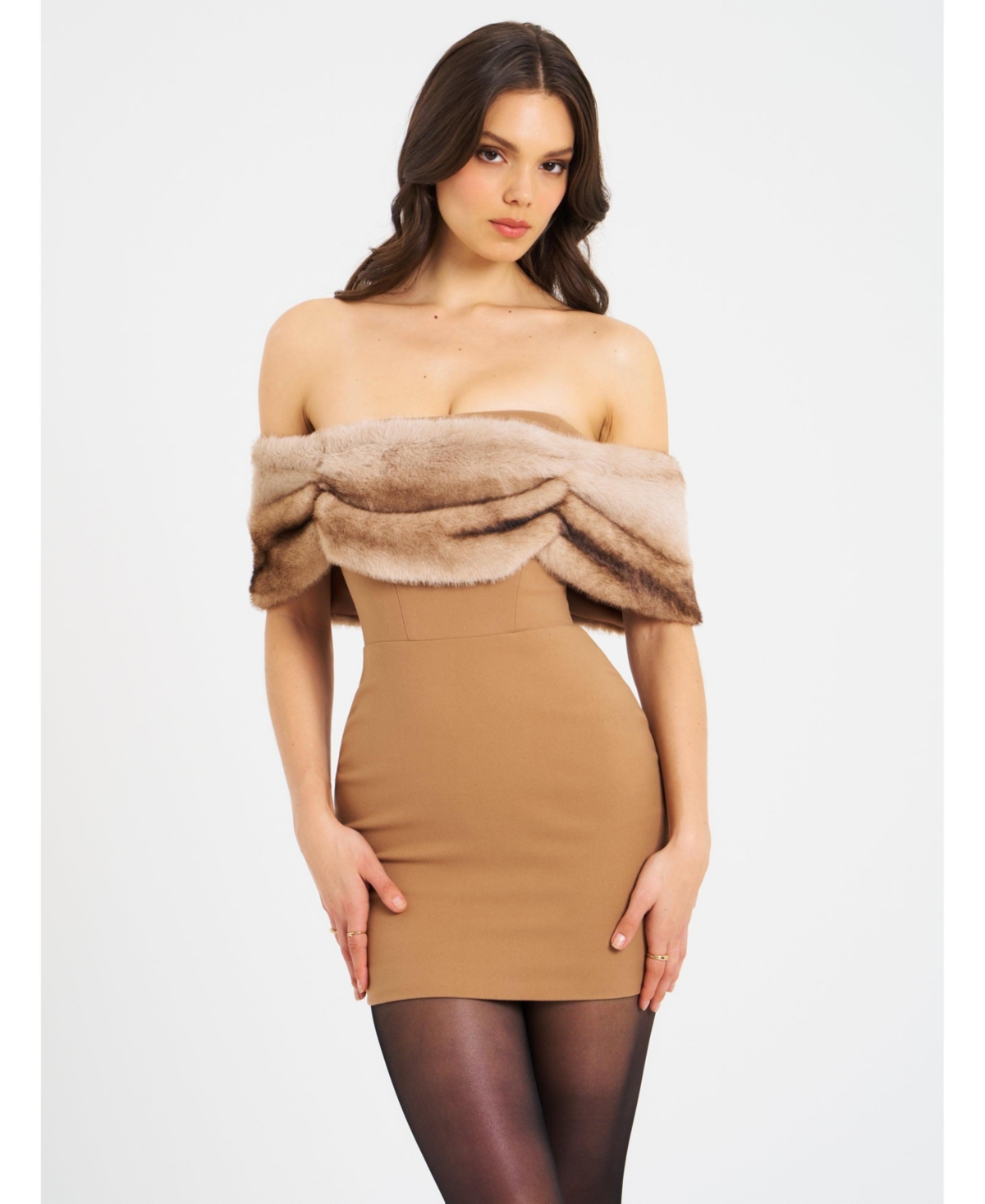 Women Nadira Off Shoulder Fur Trim Mini Dress - Natural