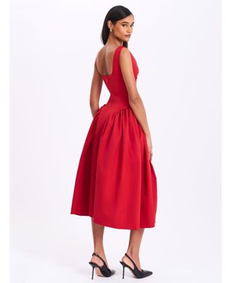 Women's Nahla Red Drop Waist Midi Dress with Buttons