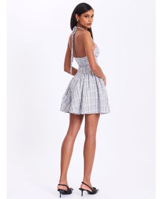 Women's Melody Black and White Plaid Tweed Halter Drop Waist Mini Dress