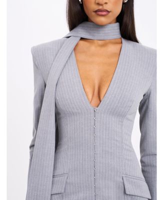 Women's Tahlia Deep V Pinstripes Gray Blazer Dress with scarf collar