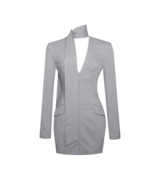 Women's Tahlia Deep V Pinstripes Gray Blazer Dress with scarf collar