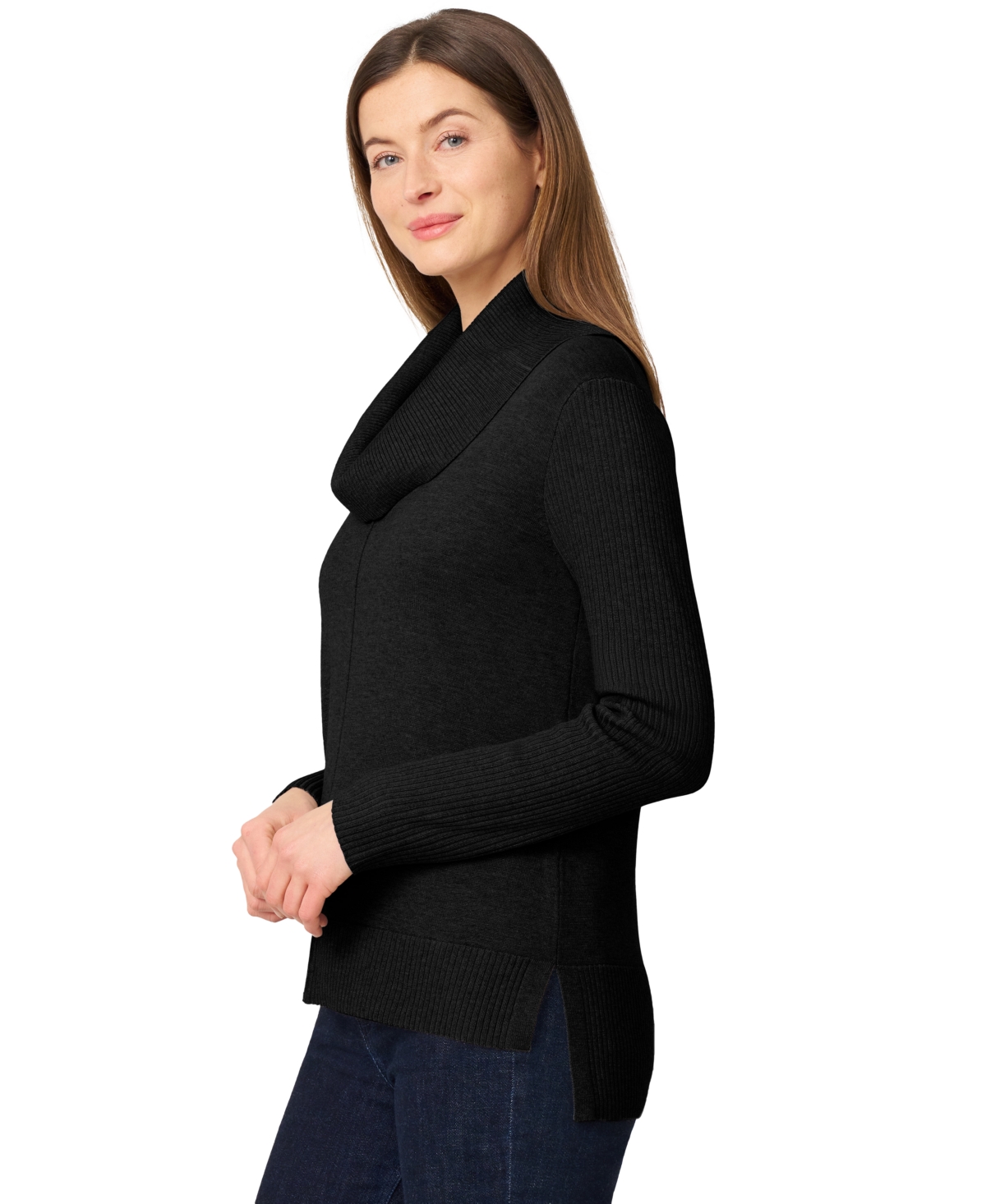Melissa Paige Petite Cowlneck High-low Side-slit Sweater In Black