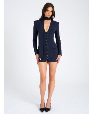 Women's Tahlia Deep V Pinstripes Navy Blue Blazer Dress with scarf collar