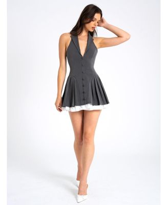 Women's Hazel Grey Preppy Halter Neck Pleated Mini Dress