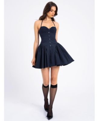 Women's Melody Navy Blue Pinstripe Halter Drop Waist Mini Dress