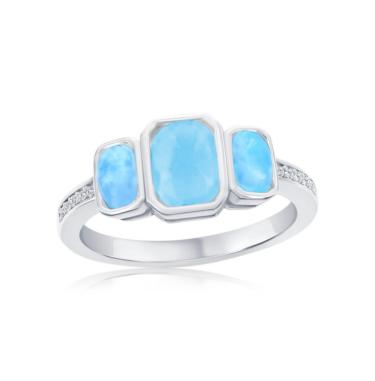 Sterling Silver, Rectangle Larimar & Cz Ring - Blue