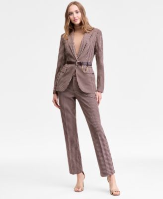 Women's Belted Houndstooth-Print Blazer