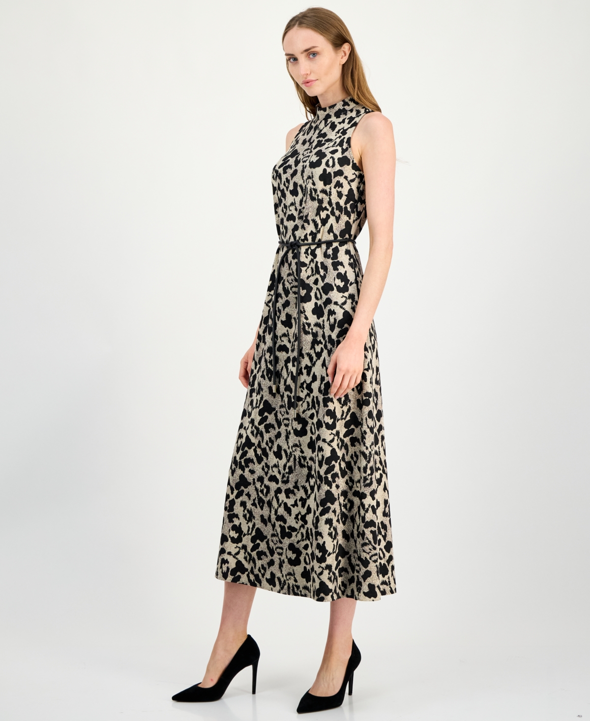 Anne Klein Leopard Print Mock Neck Dress In Gray