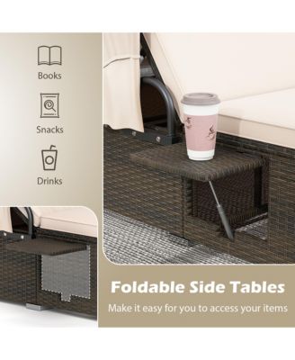 2-person Rattan Lounge Bed w/ Retractable Canopy 5-position Adjustable Backrest