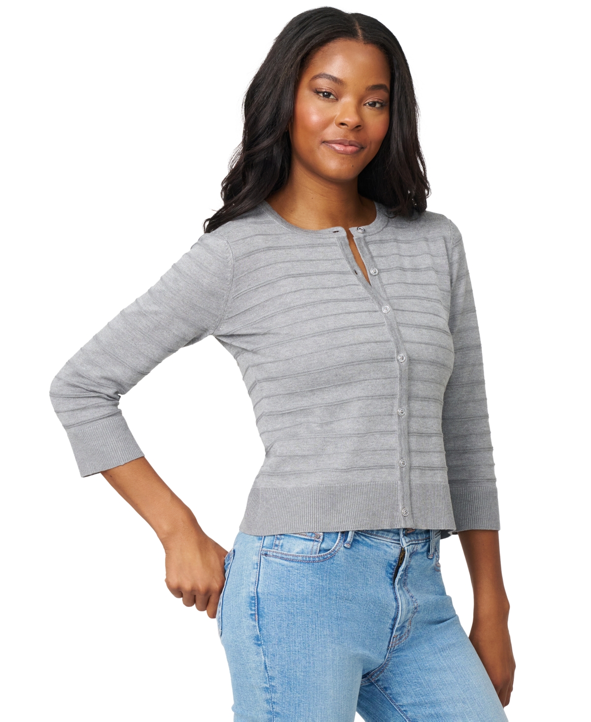 Melissa Paige Women's Ottoman-rib 3/4-sleeve Crewneck Cardigan In Gray