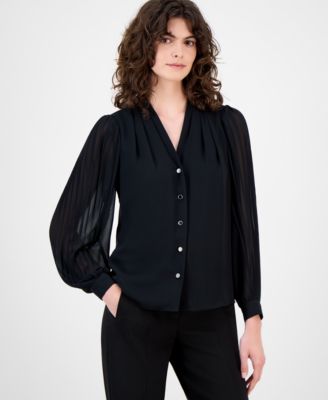 Anne Klein - Women's Printed Pleated-Sleeve Chiffon Button-Front Top