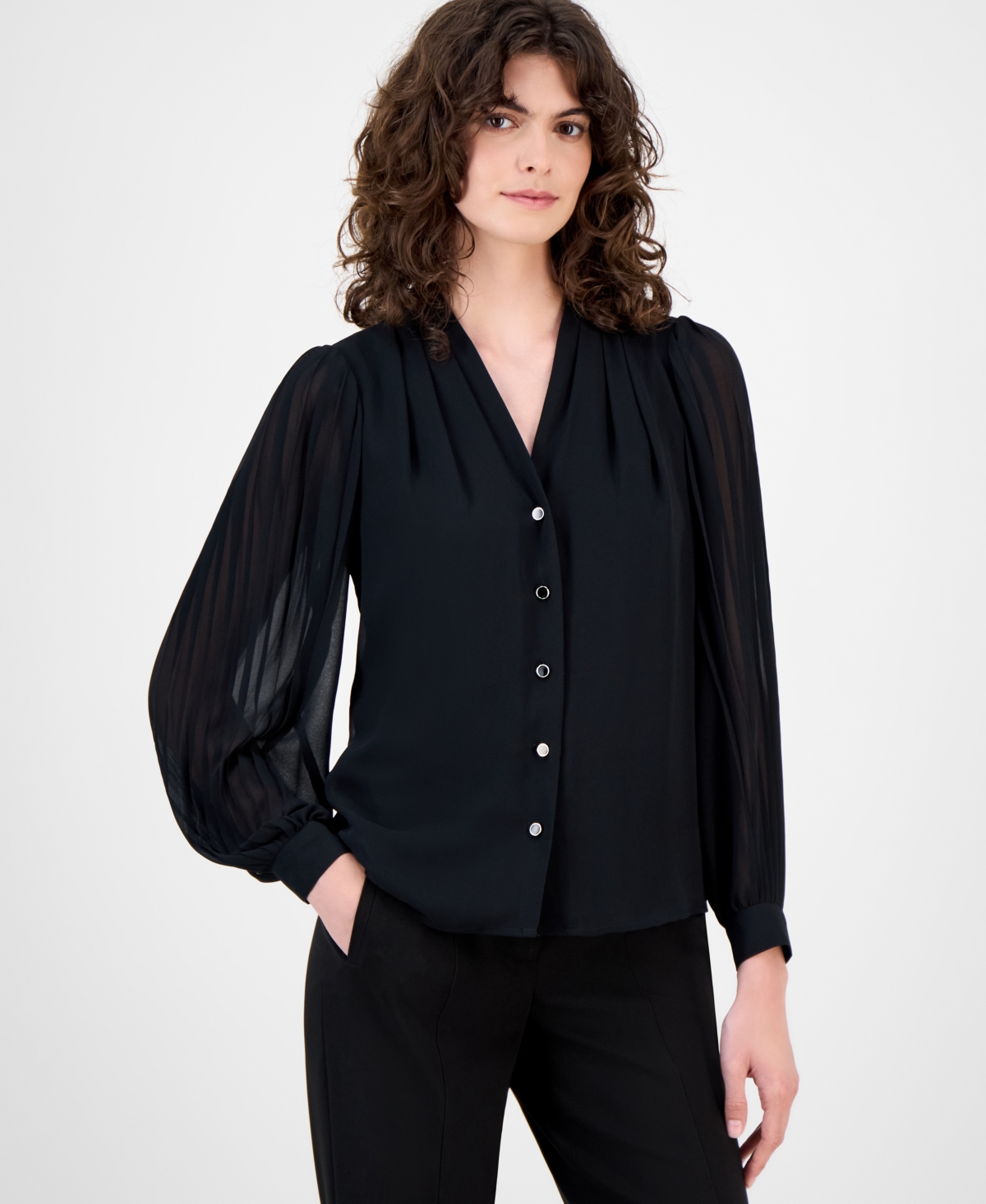 Women's Printed Pleated-Sleeve Chiffon Button-Front Top - Anne Black
