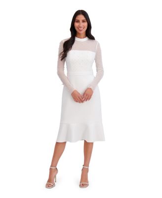 London Times - Petite Beaded Illusion Mock-Neck Midi Dress