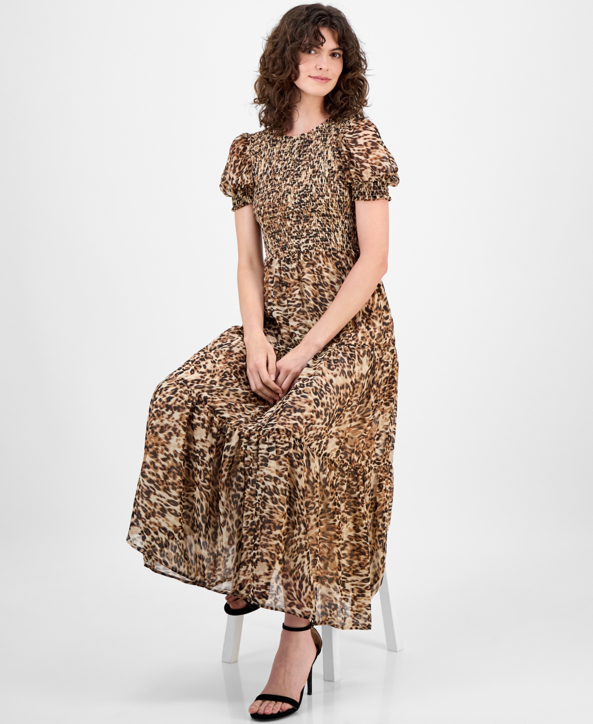 Anne Klein Womens Printed Smocked Puff Sleeve Chiffon Tiered Maxi Dress P Xxs Xxl In Animal Print