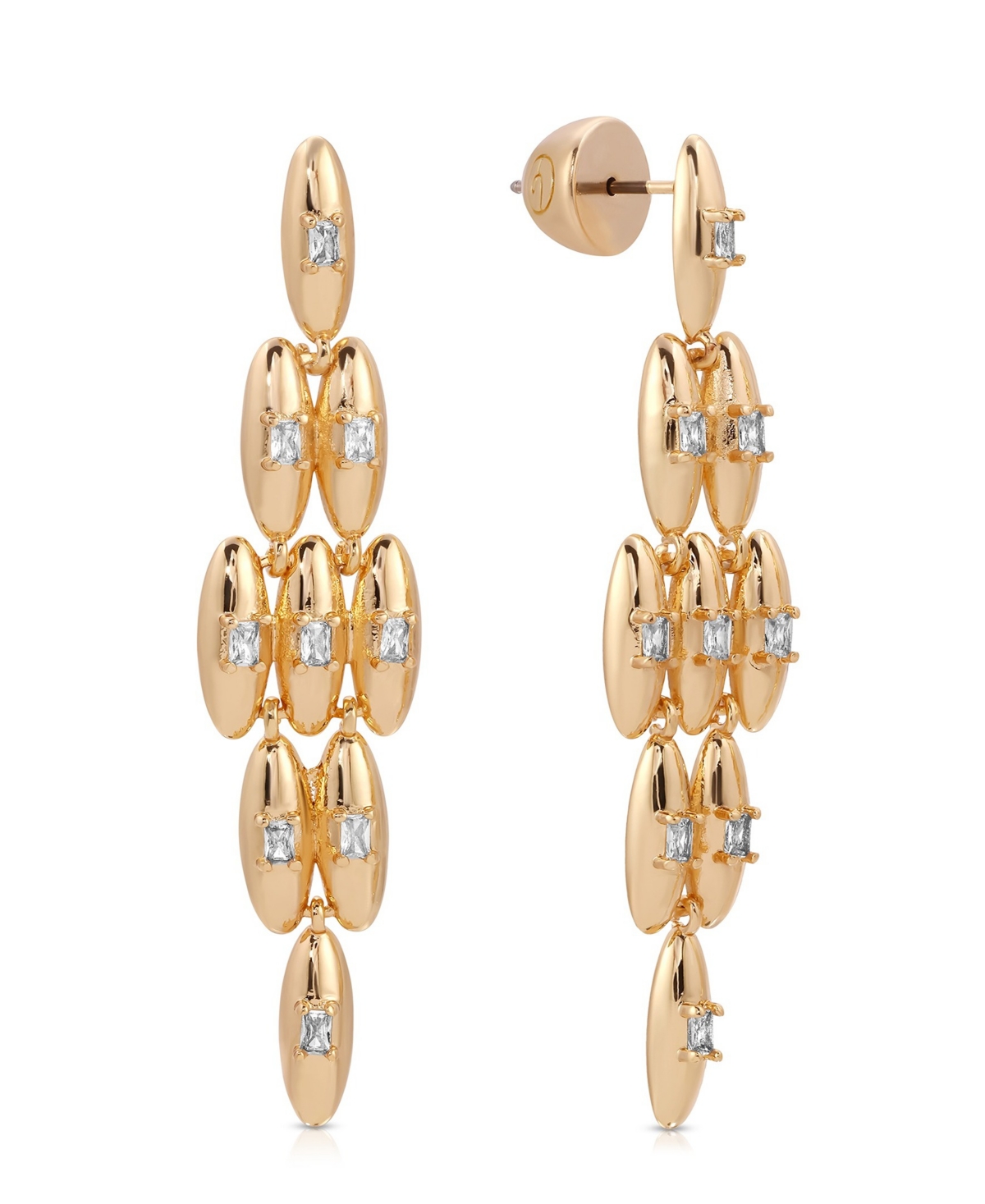 Oval Dome Baguette Diamond Shape Dangle Earrings - Gold