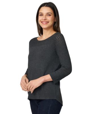 Petite Pointelle-Yoke 3/4-Sleeve Sweater