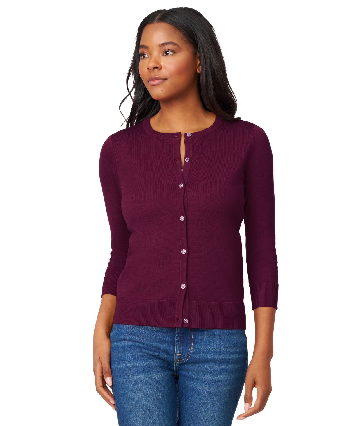 Petite Crewneck 3/4-Sleeve Cardigan Sweater - Jet Black