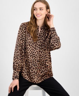 Women's Animal-Print Pleated V-Neck Blouse