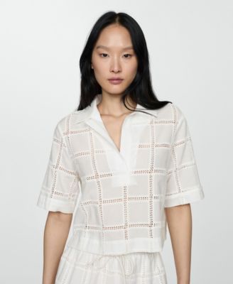 MANGO - Women's Embroidered Polo-Neck Blouse