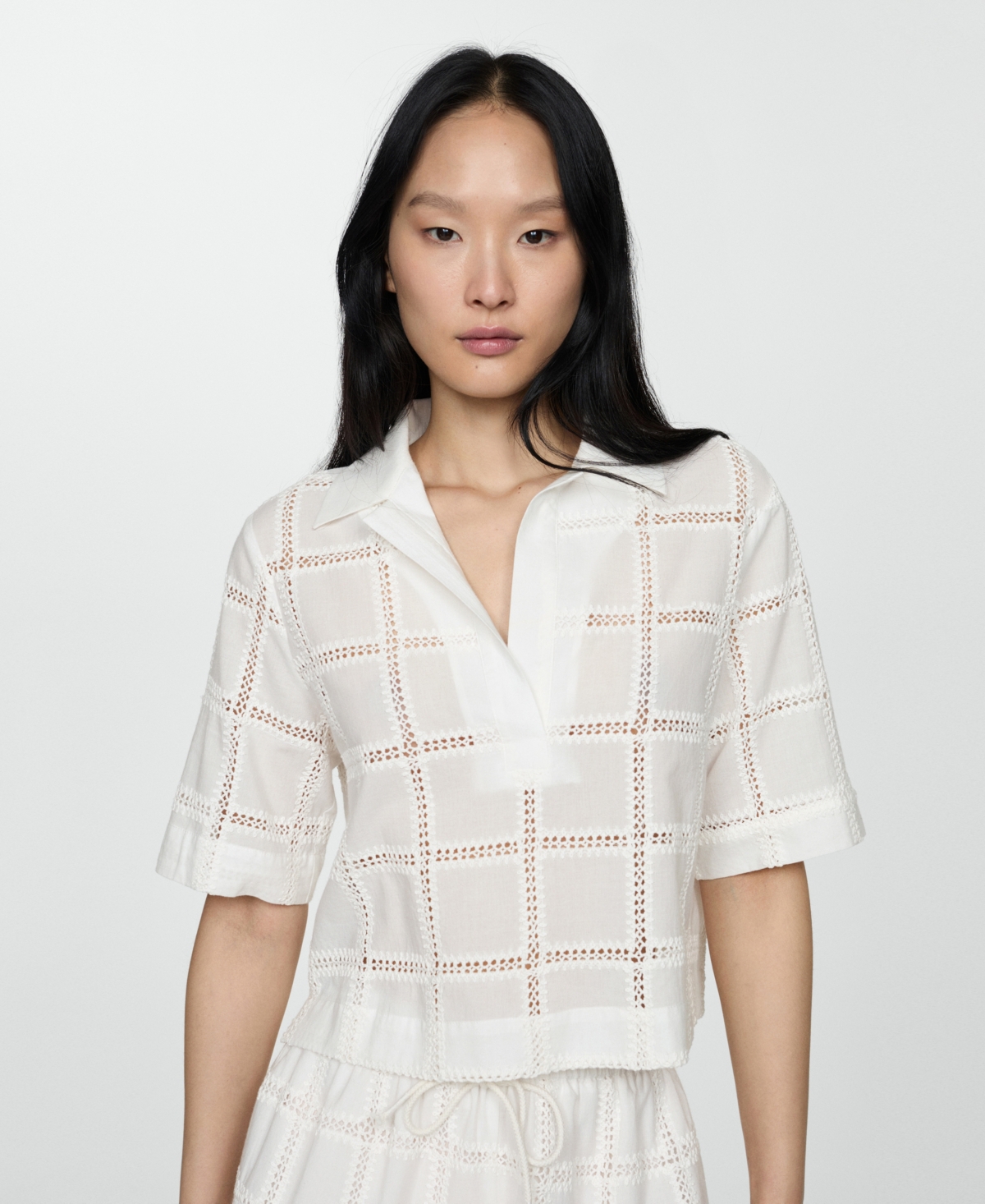Women's Embroidered Polo-Neck Blouse - Off White
