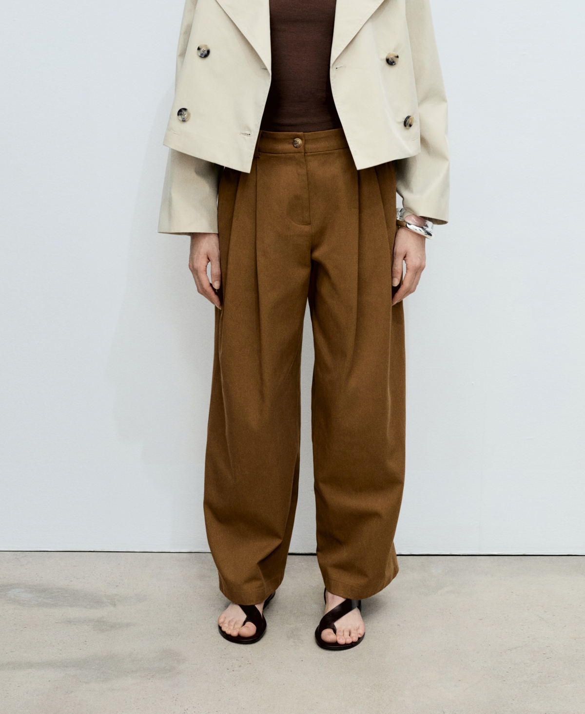 Women's Wide Leg Cotton and Lyocell Blend Pants - Brown