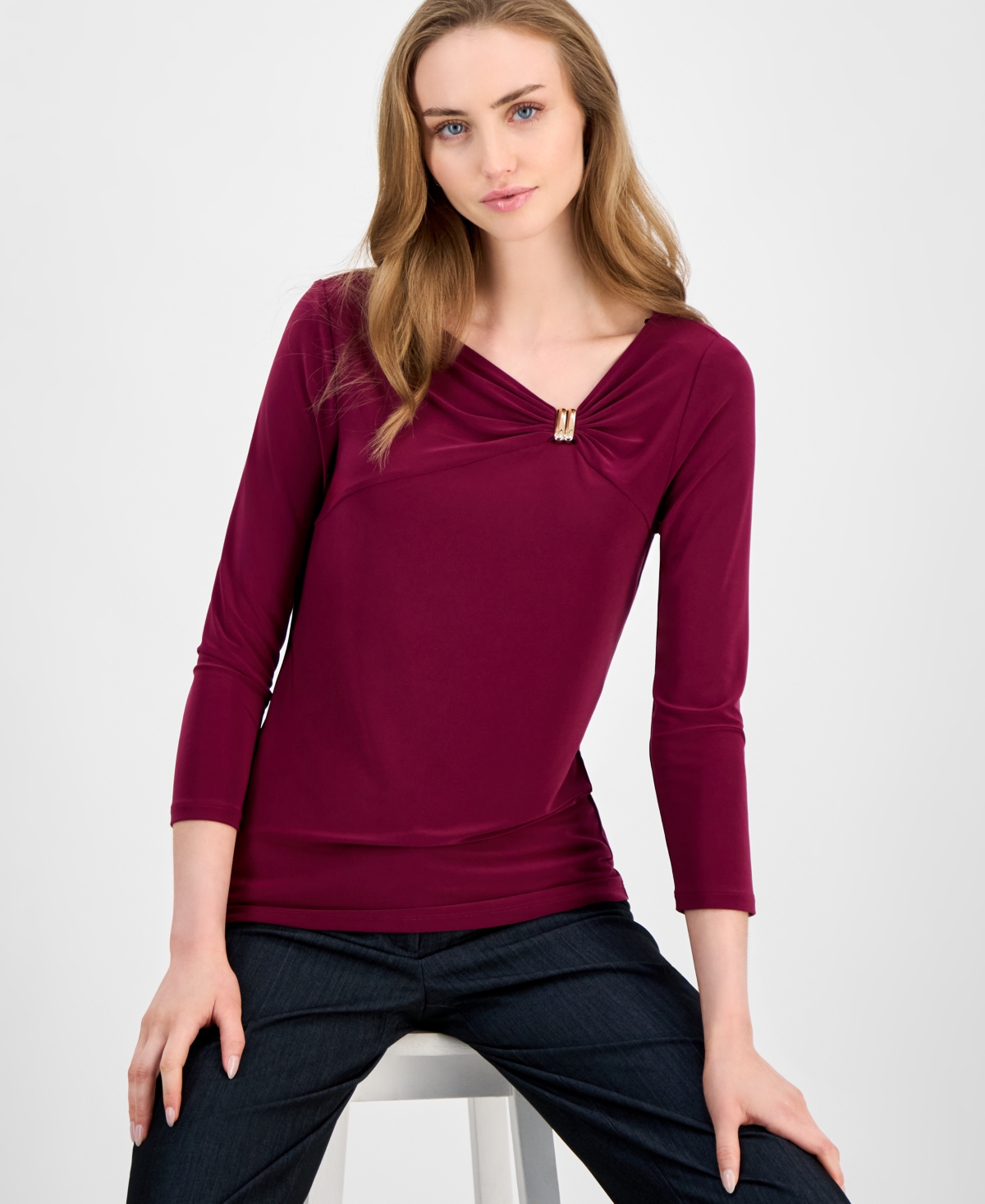 Women's Hardware-Trim 3/4-Sleeve Top - Black