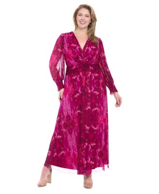 London Times - Plus Size Bishop-Sleeve Mesh Maxi Dress