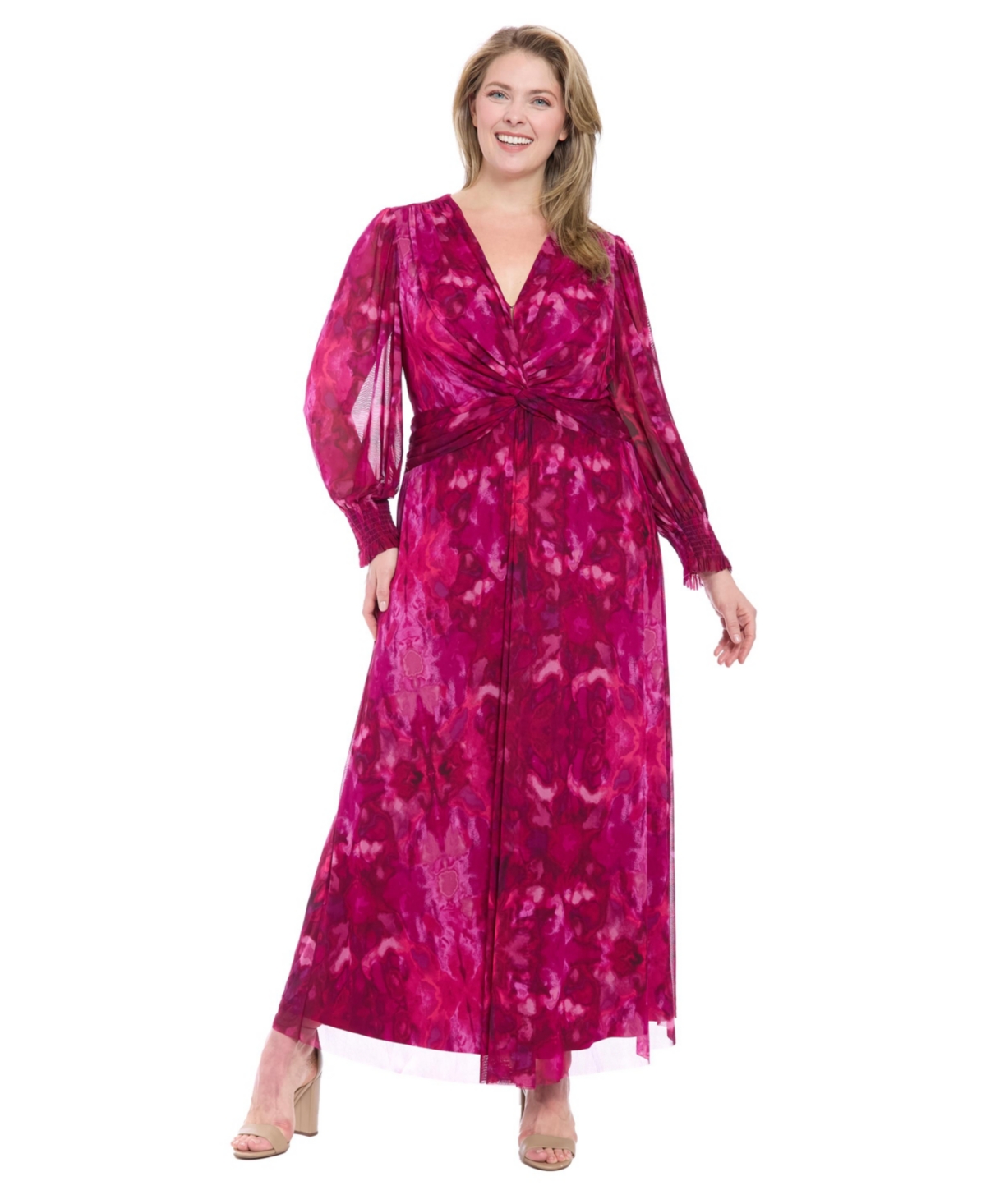 London Times Plus Size Bishop-sleeve Mesh Maxi Dress