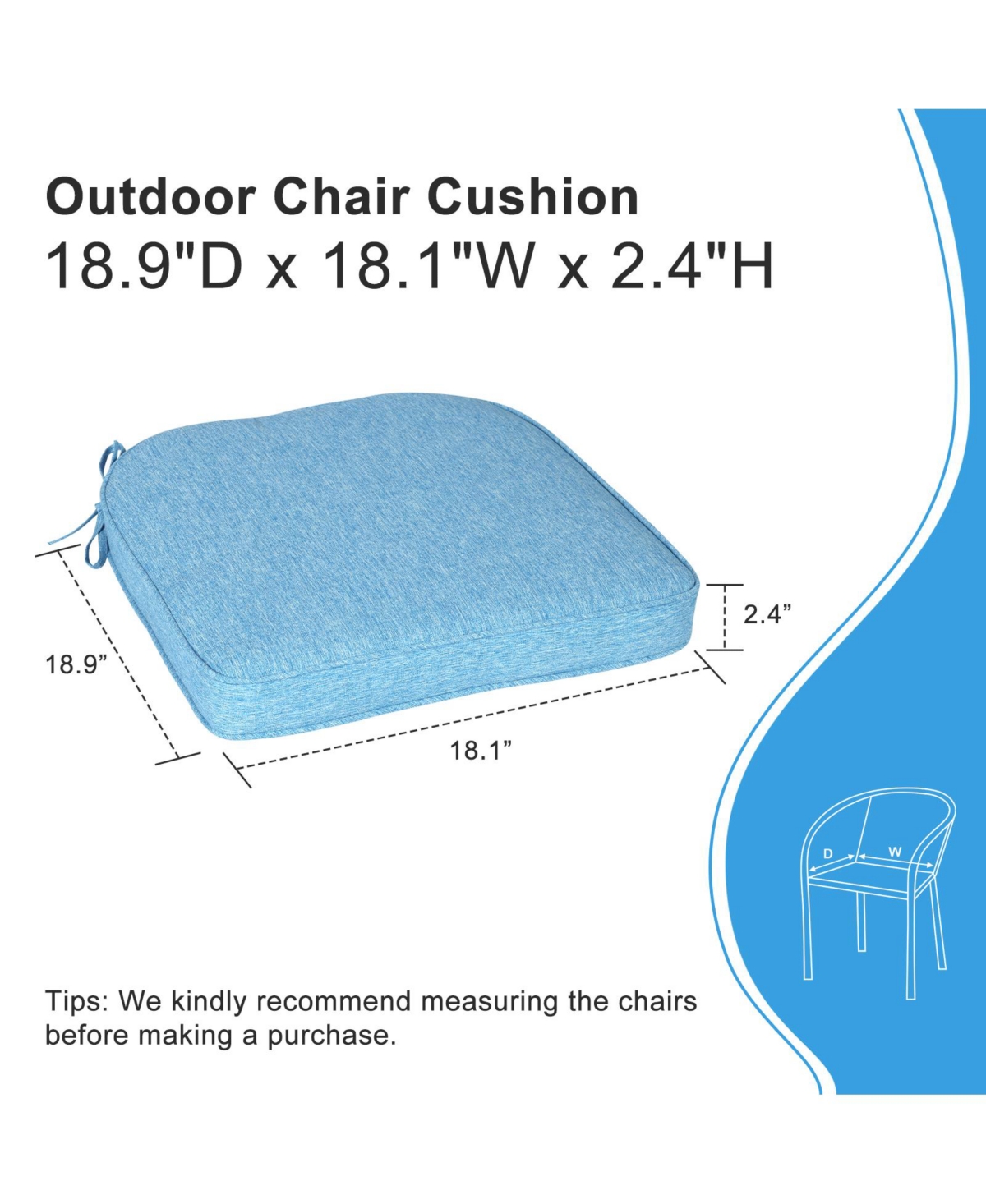 Aoodor Outdoor Dining Chair Cushions Set of 4, Waterproof Patio Furniture Seat Cushions, Pads with Ties, 18 x 19 inch