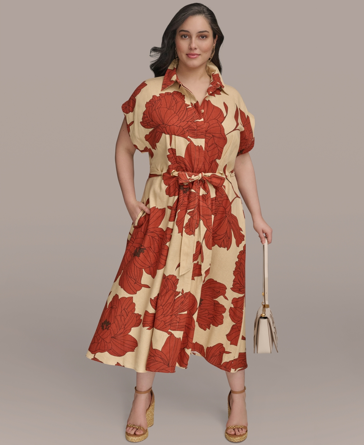 Plus Size Printed Grommet-Waist Shirtdress - Cinnamon Multi