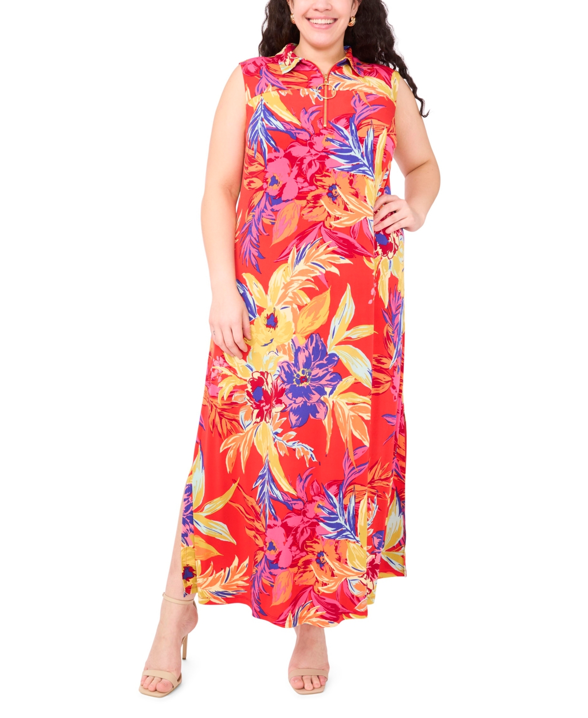 Plus Size Printed Jersey Sleeveless Maxi Dress - Poppy Red