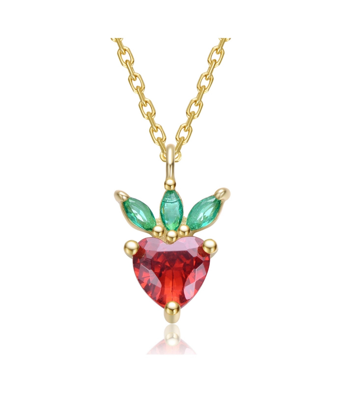 14K Gold Plated with Red & Green Cubic Zirconia Heart & Leaf Pendant Necklace - Red