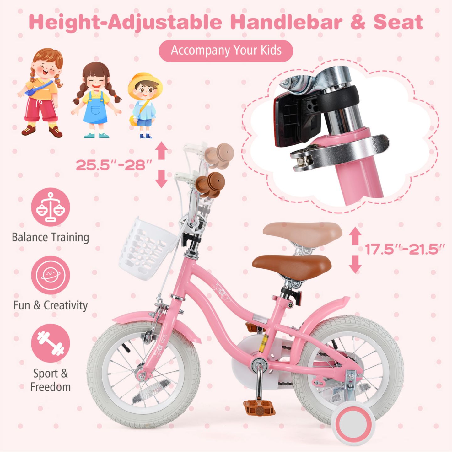 Детская игрушка Slickblue Kids Bicycle with Training Wheels and Basket for Boys & Girls, цвет: Персиковый — фото 4