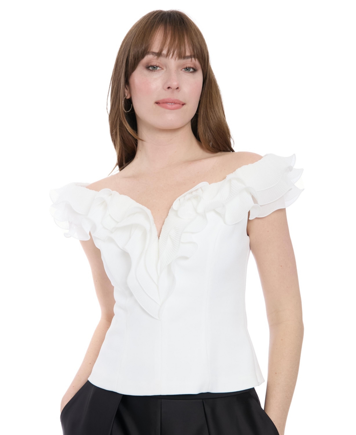 Women's Scuba Crepe Ruffled-Neckline Top - Ivory