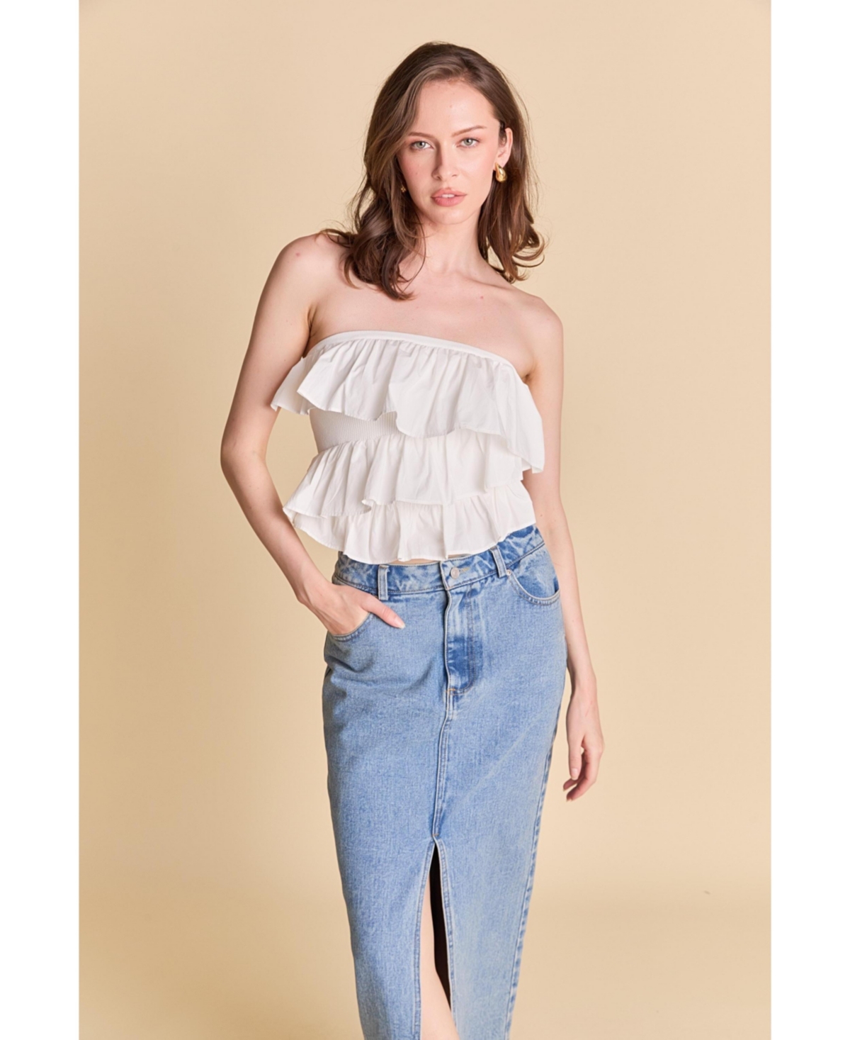 Women's Mixed Media Ruffled Strapless Top - White
