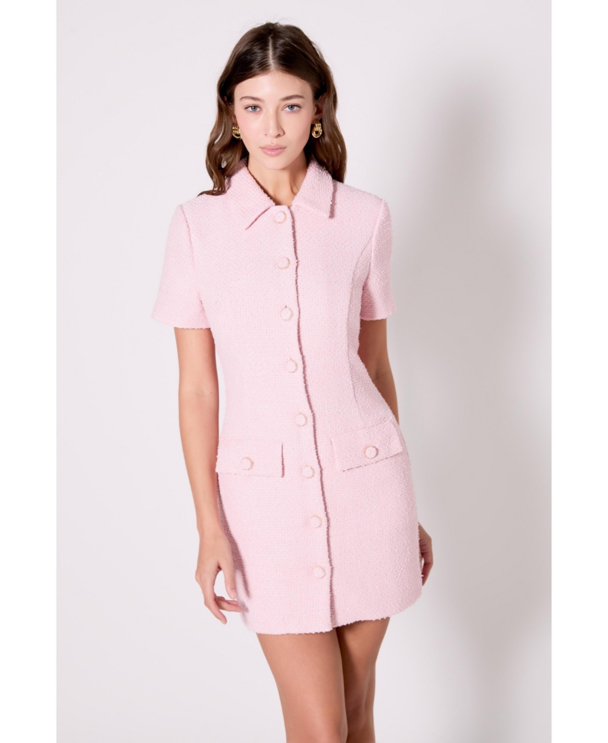 Women's Collared tweed Mini Dress - Pink