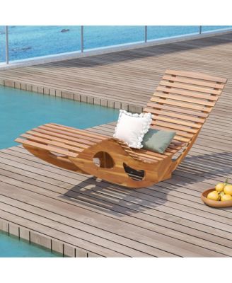 2PCS Outdoor Chaise Lounge w/ High Back Slatted Seat Stopper Outside Wood Rocker