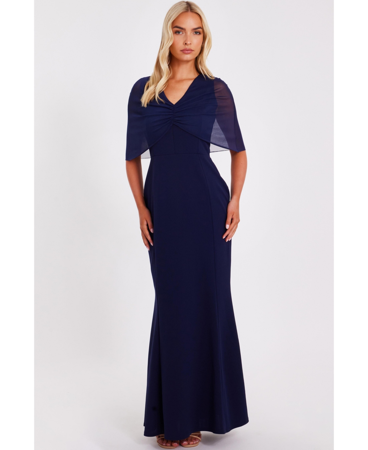 Women's Scuba Crepe Maxi Dress with Mesh Cape - Navy