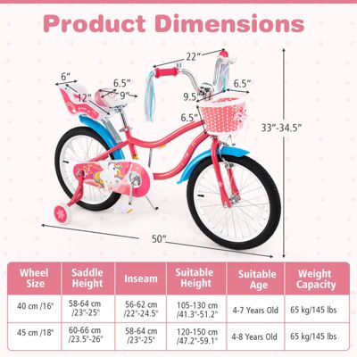 Kids Girls Bike with Doll Seat and Training Wheels for Easy Riding