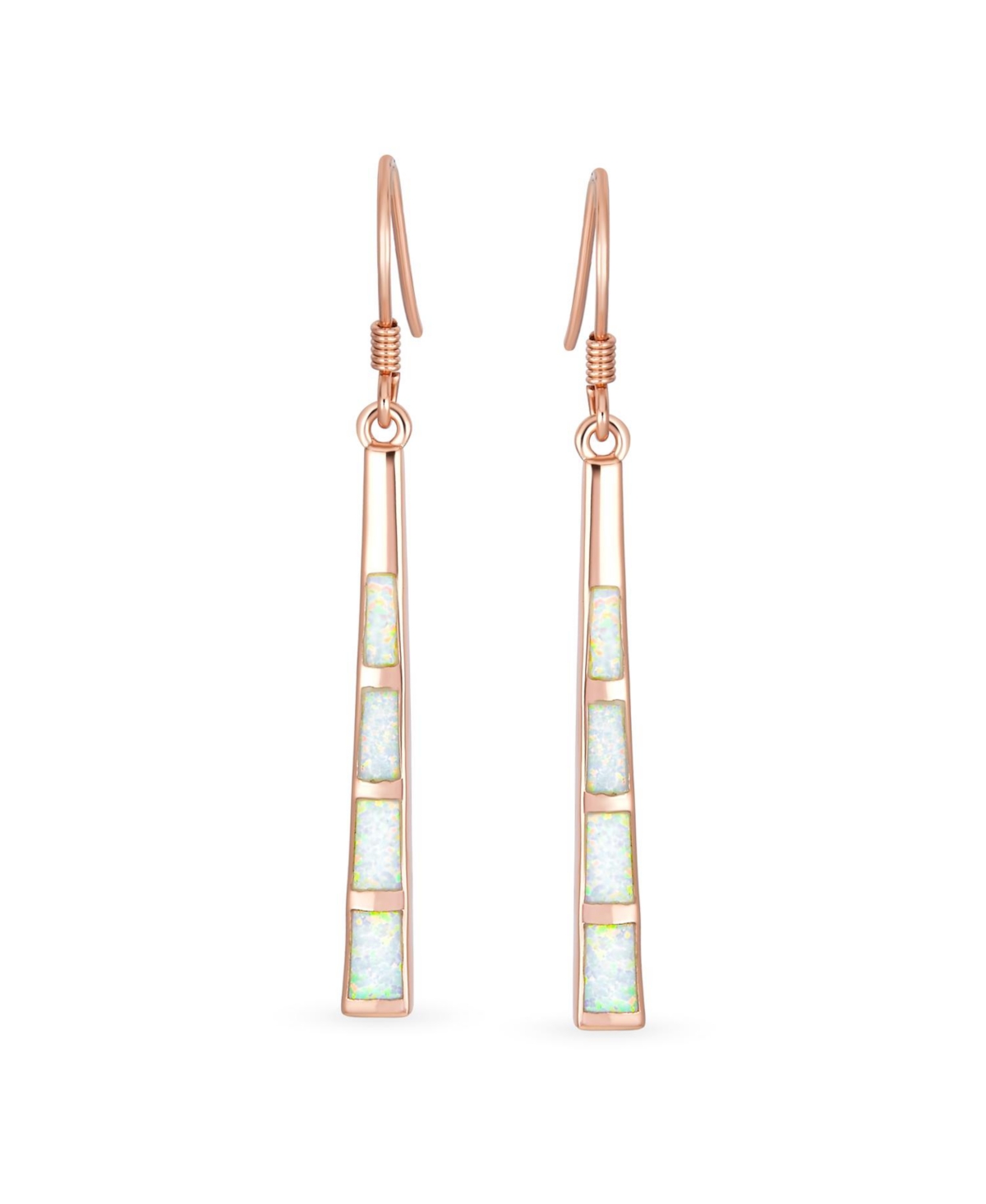 Bling Jewelry Boho Long Linear Iridescent Rainbow White Created Opal Teardrop Bar Shaped Dangle Earrings Rose Gold .925 Sterling Silver Fish Hook Wire