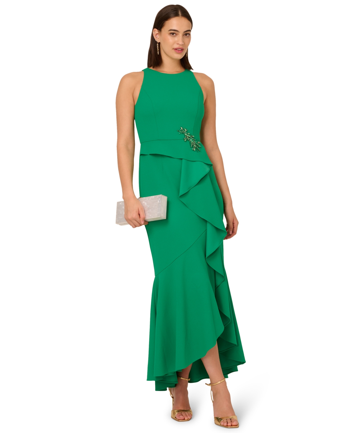 Women's Cascading-Ruffle Crepe Gown - Vivid Green