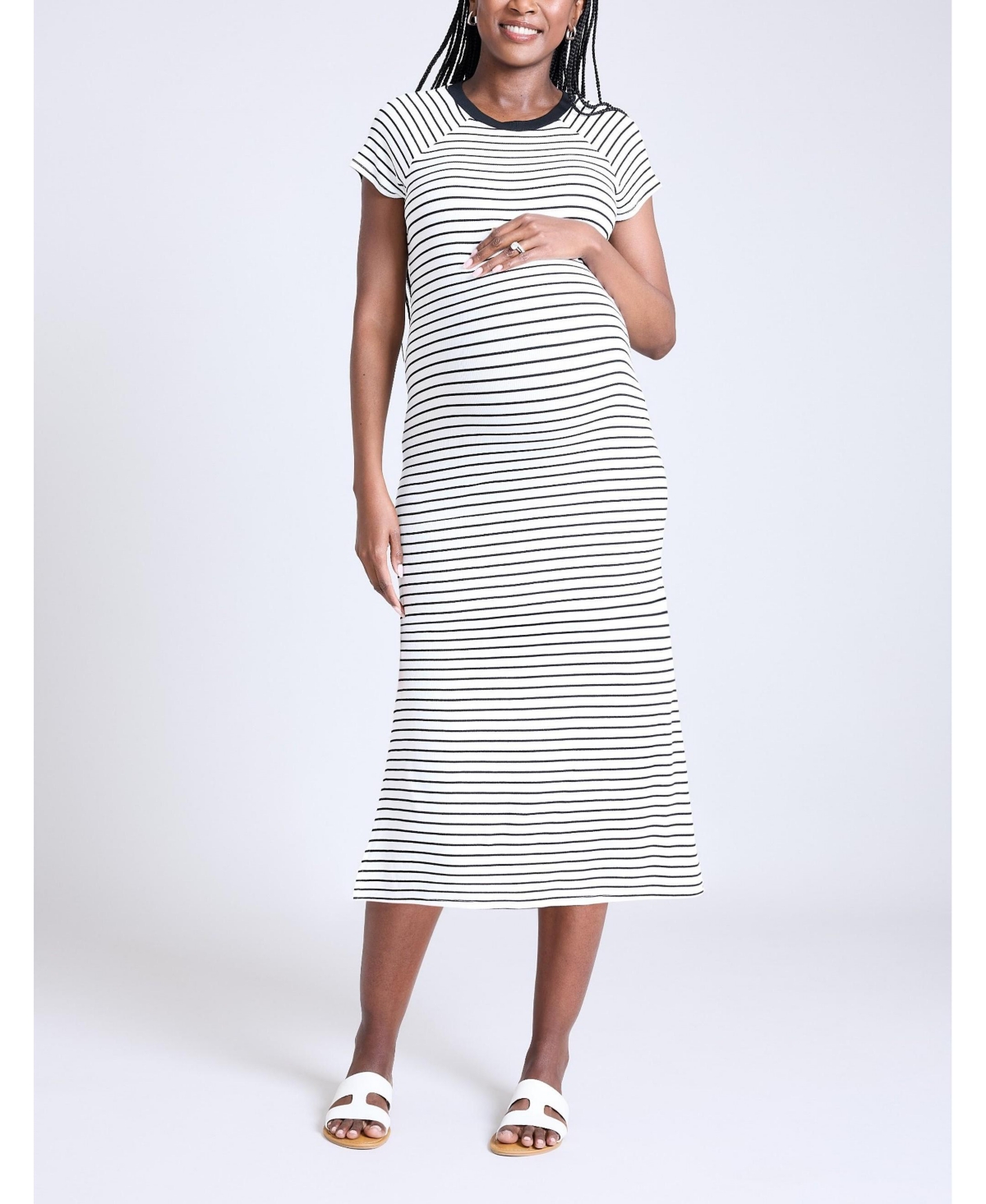 Maternity Rib Knit Short Sleeve Raglan Midi Dress - Motherhood - White  black stripe