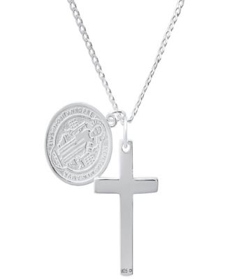 Unisex Sterling Silver Cross and Round St. Benedict Pendant Necklace