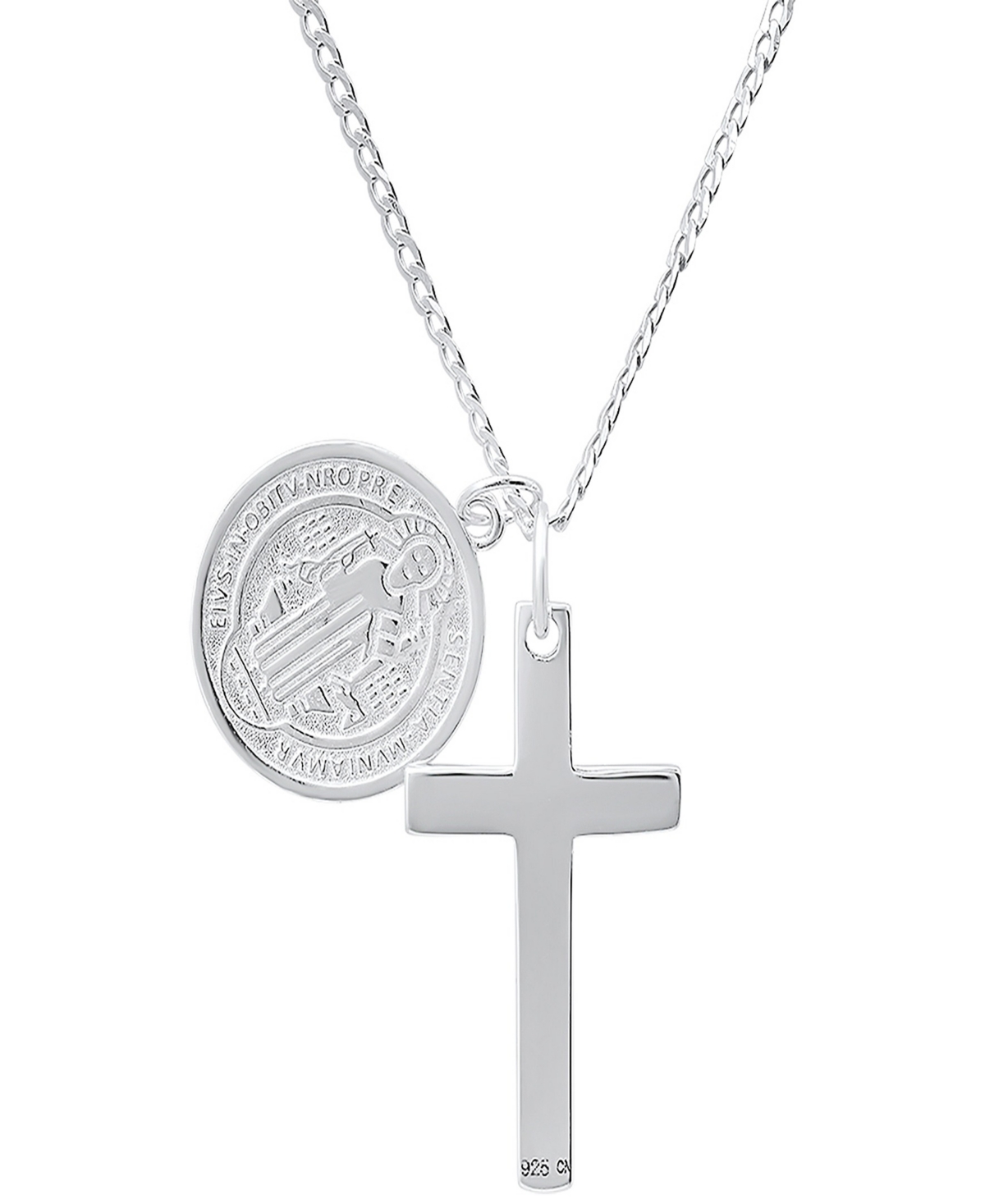 Steeltime Unisex Sterling Silver Cross And Round St. Benedict Pendant Necklace