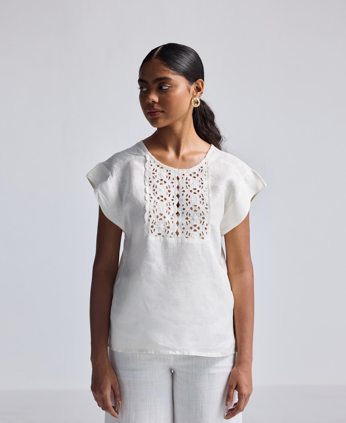Women's Boxy Top with Embroidered Lace Detail - Shell off-white