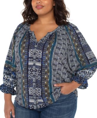 Plus Size Printed V-Neck Button-Front 3/4-Sleeve Blouse