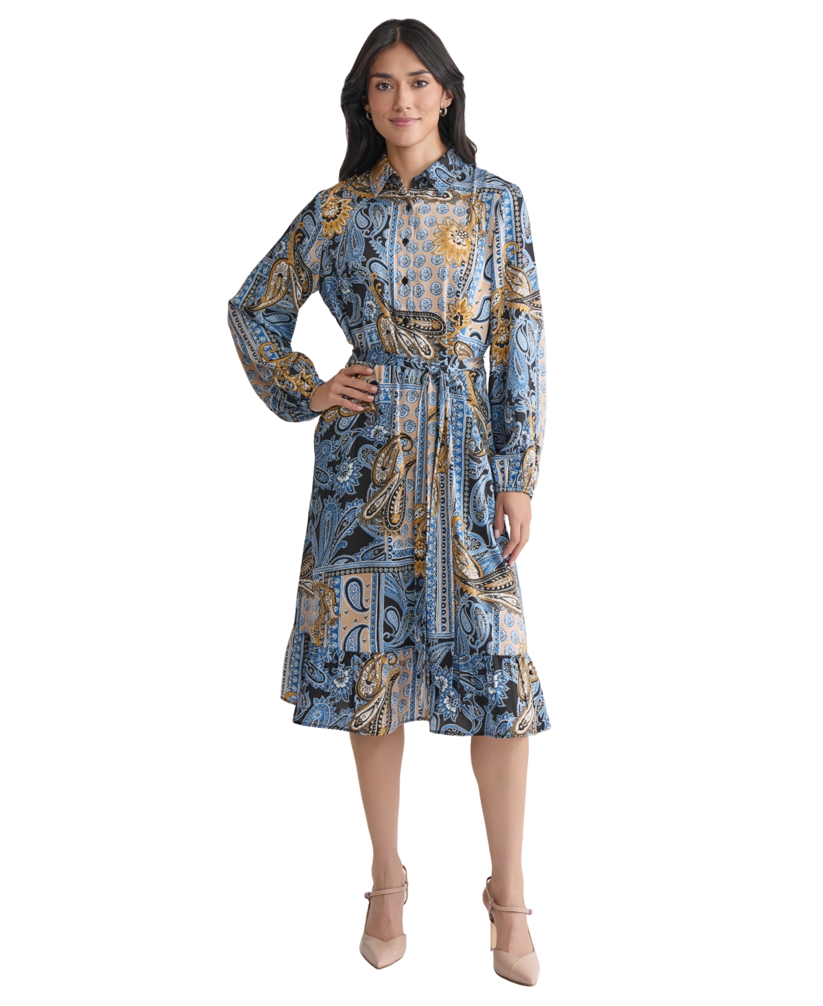 Women's Collared Paisley Tie-Waist Shirtdress - Blue Lagoon Multi