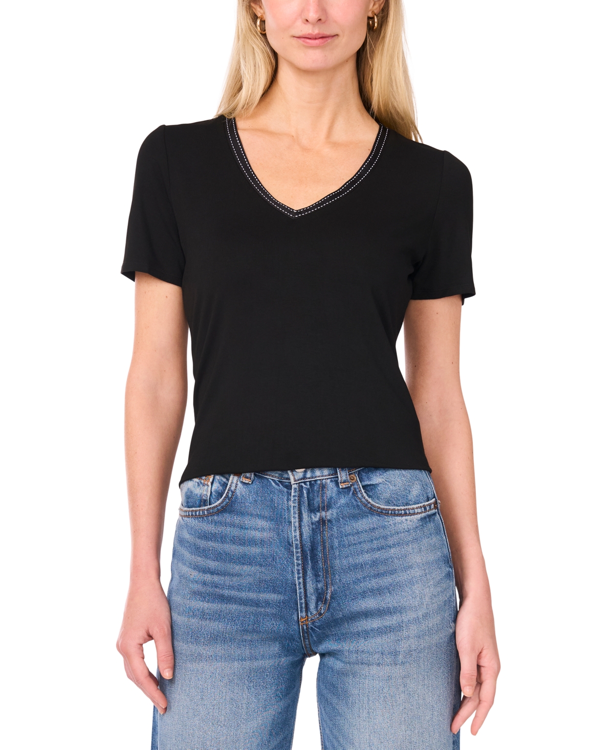 Women's V-Neck Ribbon-Trim Top - Sandshell